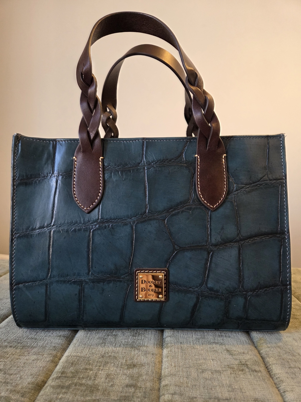 Dooney & Bourke Deep Teal Gia Satchel with Brown Handles